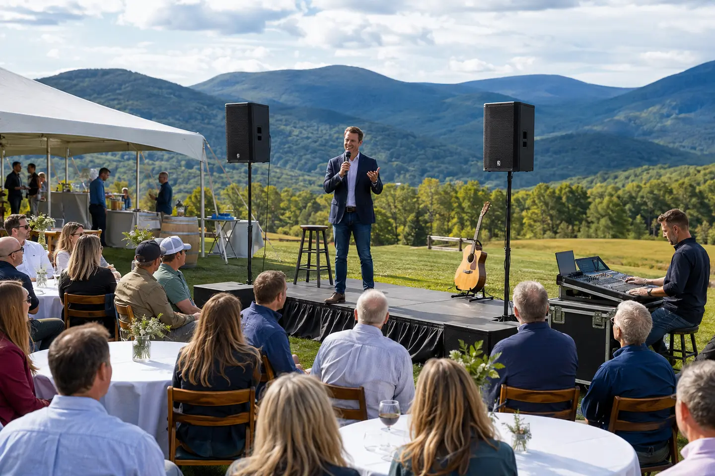 Professional loudspeaker and wireless microphone system arranged for a Central Virginia outdoor ceremony