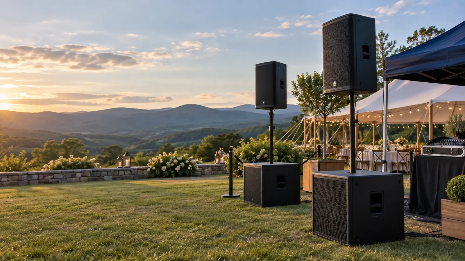 Black event subwoofers and full-range loudspeakers arranged on a Central Virginia event lawn with protected cables