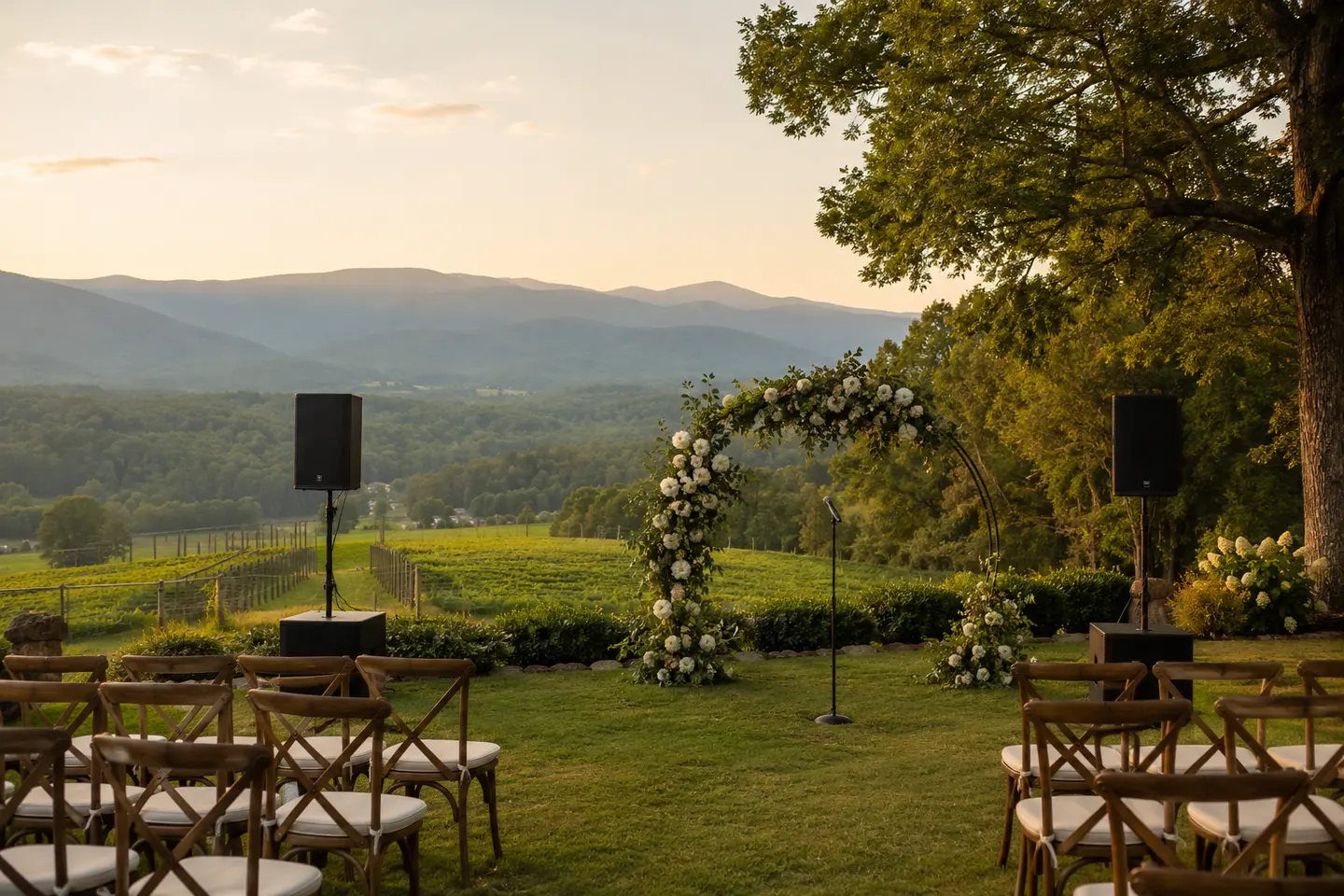 Professional wedding ceremony sound at a Blue Ridge Mountain vineyard