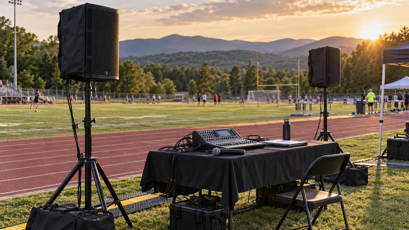 Professional loudspeakers, digital mixer, and wireless announcer microphone beside a Central Virginia outdoor sports field